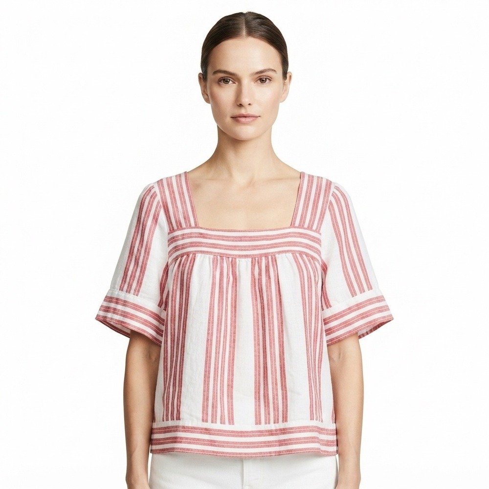 Old Navy Shirt Womens XXL Red White Striped‎ Linen Blend Square Neck Blouse Top